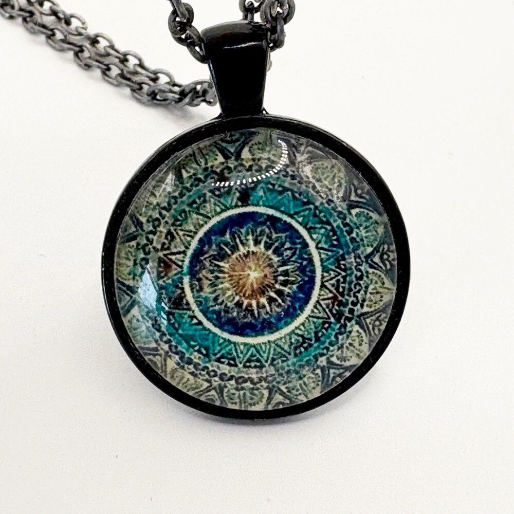 Boho Pendant Necklace Flower Medallion Pattern Black Chain Charm Domed Glass